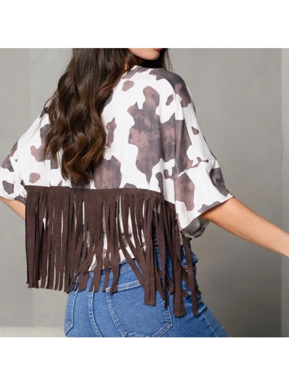 NWT Peach Love California Brown and White Crop Fringe Cow Print Tee